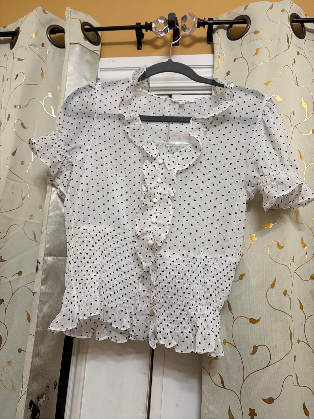 White Polka Dot Ruffle Front Blouse with Smocked Waist